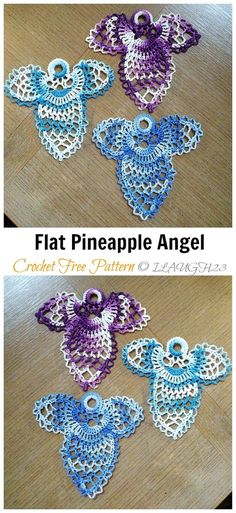 crocheted pineapple angel applique is shown in three different colors and sizes