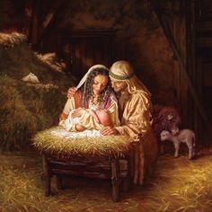 a painting of two people sitting in a manger with a baby on his lap