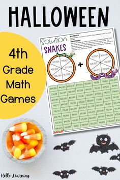 halloween math game for 4th grade students with bats and pumpkins in the bowl on top