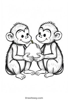 Two cartoon-style monkeys sharing a large fruit between them, smiling warmly. Cartoon Monkeys, A Cute Drawing, Cartoon Monkey