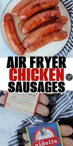 air fryer chicken sausages on a plate next to packages of hotdogs