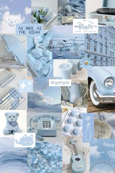 a collage of blue and white items including a keyboard, car, teddy bear