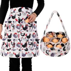 a woman is holding an egg holder with eggs in it and the bag has chickens on it