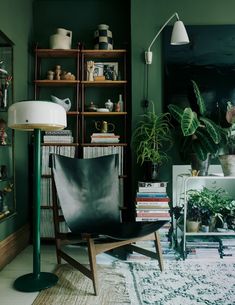 a living room with green walls and plants in the corner, including bookshelves