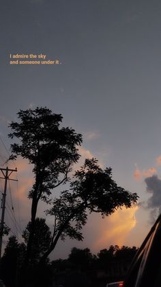 the sun is setting behind some trees and power lines with a quote above it that reads, i admire the sky and someone under it