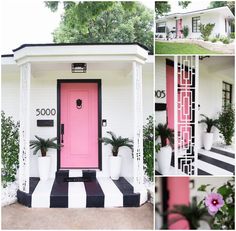 a pink door and black and white stripes in front of a house with potted plants