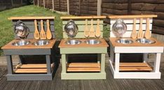 three wooden chairs with metal pans and spoons on them, one is made out of pallets