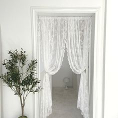 Doorway Lace Curtain / White Decor Living Room Victorian, Victorian Curtains, Living Room Balcony, Stylish Beds, Lace Curtains, Home Curtains, White Curtains, Curtain Designs, Sheer Curtain