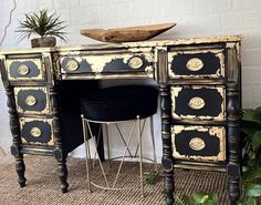 The one piece that gets all the attention! Pick a room... Any room! This beauty will double as a desk or a vanity or simply a whimsical  flair. Looking in the mirror was never such fun as when Doing it over a gorgeous piece of inspired vintage furniture. Done in soft black with gold leafing and hand rubbed wax finish. Measuring 4' x 30" tall by 17 1/2 in depth. This is an antique vintage piece of history. As With vintage pieces there is always some wear and tear to be expected, In this case addi Glam Desk, Glam Dresser, Shabby Chic Desk, Looking In The Mirror, Revamp Furniture, Gold Leafing, Unique Furniture Pieces, Chest Dresser, Gold N