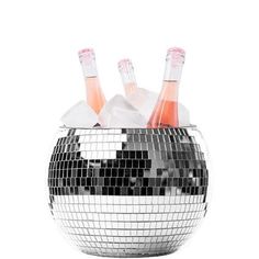 three bottles of champagne are in a disco ball vase on a white background with reflections