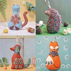 four different pictures of stuffed animals made from felt and yarn, with pine cones on the table