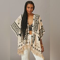 Nwt Pilcro Kimono With Beautiful Black And Cream Design. Drapes Perfectly To Layer Over Anything. One Size. Fringe Kimono, Kimonos, Black Cream, Anthropologie, Cream, Hair, Black, Color, Design