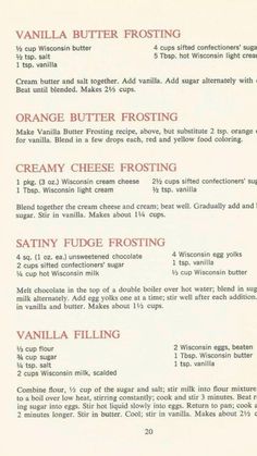 the menu for vanilla butter frosting is shown in red and white letters, along with information about how to make it