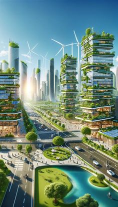 an artist's rendering of a city with green buildings and windmills in the sky