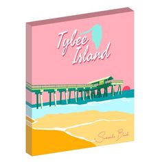 a pink box with the words tide island on it and a pier in the background