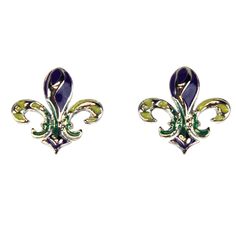 two tone gold and green fleur de lis earrings with blue enamele accents