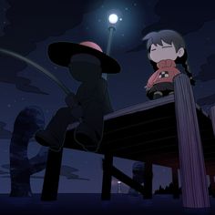 an animated image of a person sitting on a dock at night with a lamp in the background