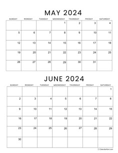 may and june calendars with the holidays in each month on one page, which is blank