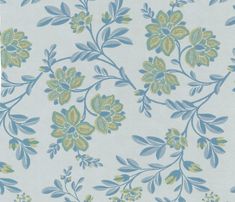 a blue and green floral wallpaper with small flowers on the bottom half of it