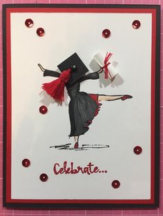 a handmade card with a woman in a red dress and black hat holding a gift box