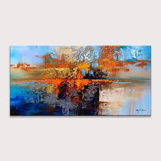 an abstract painting with blue, orange and white colors on the water's surface