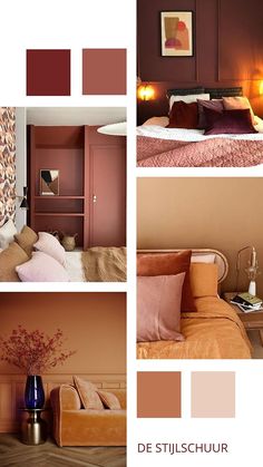 a collage of photos with different colors in the bedroom and on the other side there is a bed