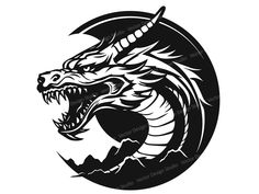 a black and white dragon with its mouth open in the shape of a circle on a white background