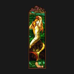 a stained glass window with a woman standing in the water and holding her arm up