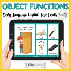 a person holding up a tablet with an object in front of it that says object functions