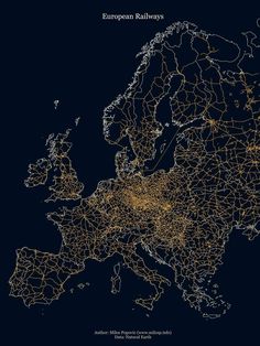 the european railway network is shown in gold and white, along with an orange dotted line