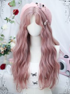 Get ready to turn heads with our pink wavy long synthetic wig with bangs. The beautiful pink color and flowing waves will add a touch of whimsy to your look, while the length provides plenty of styling options. Made from high-quality synthetic materials, this wig is easy to care for and style.   Please note that this product includes only the wig.  Garment Size   	 		 			Size 			Free Size 		 		 			Hair Length 			65-70 Pink Hair Styles, Pink Hair Outfit, Pink Wig Aesthetic, Pink Wig With Bangs, Pretty Hair Cuts, Harajuku Wigs Long, Long Pink Hair, Pink Wig Fairy, Kawaii Wigs Pink