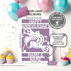 an image of a happy anniversary card with cupcakes and balloons in the background