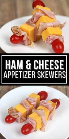 ham and cheese appetizer skewers on two white plates with cherry tomatoes