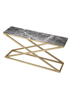 a black and gold marble coffee table with two intersecting legs, on a white background