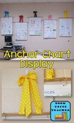 an anchor chart display with yellow bows and pictures on the wall behind it that says anchor chart display