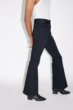 The Black Denim Flare Pant Flare High Rise Zip Fly 82% Cotton 16% Lyocell 2% Lycra Black Flare Jeans For Work With Belt Loops, Black Flare Jeans For Workwear, Male Flared Pants, Modern Black Flare Jeans With Five Pockets, Black Wide Leg Flare Jeans With Belt Loops, Black Wide-leg Flare Jeans With Belt Loops, Modern Black Jeans With Belt Loops, Black Flare Jeans With Five Pockets For Work, Modern High Waist Black Flare Jeans