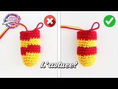 two crocheted items, one with a red and yellow stripe on the end