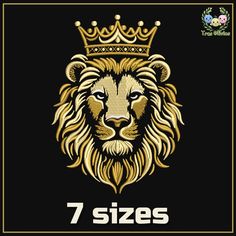 a lion with a crown on it's head and the words 7 sizes below