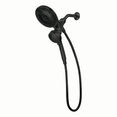 the shower head and handset are shown in this black color, with an overhead sprayer