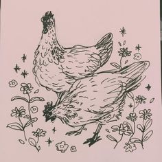 a drawing of two chickens standing next to each other on a sheet of paper with flowers in the background