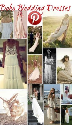 many different pictures with the words boho wedding dresses