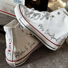 Custom Wedding Converse Personalized Bride Converse High Top Converse Sneaker for Bride - Etsy Bridesmaids With Converse, Converse Wedding Shoes Bride, Bridal Converse Shoes, Wedding Shoes Converse, Wedding Converse Shoes, Lilac Wedding Themes, Bride Converse, Wedding Vans, Christmas Themed Wedding