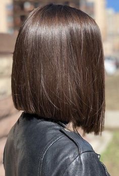 Semi Bob Haircut, Medium Brown Bob Haircut, Bob Hairstyles Brunette Straight, Brown Bob Haircut Straight, Brunette Short Straight Hair, Straight Brunette Bob, Short One Length Haircut, Black To Chocolate Brown Hair, Bluntcut Bob Brunette