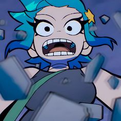 a cartoon character with blue hair and an evil expression