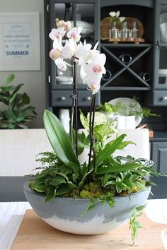 a bowl filled with white flowers on top of a wooden table next to a book shelf