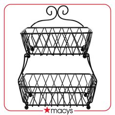 two tiered metal basket with wheels on each side and the words macy's above it