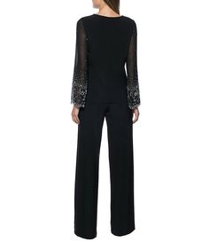 Marina Keyhole Rhinestone Neck Beaded Bell Long Sleeve Matte Jersey 2-Piece Pant Set | Dillard's Cocktail Pant Suits For Women, Dressy Pant Suits For Older Women, Semi Formal Wedding Attire For Women Over 50, Semi Formal Wedding Attire, Dressy Pant Suits, Beaded Bell, Wedding Attire For Women, Formal Wedding Attire, Formal Top