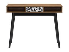 Mid century modern desk with brown wood top, black metal legs, and sleek minimalist design. Accent Drawer, Black Mid Century Modern, Entryway Desk, Mid Century Modern Desk, Patio Bar Set, Patio Storage, Mid Century Desk, Patio Swing, Patio Sectional