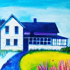 an acrylic painting of a white house on a green field with blue sky in the background