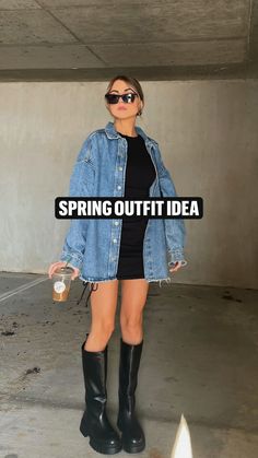 Summer Outfit With Jacket, Cute Oversized Jean Jacket Outfits, Denim Jacket Night Outfit, Outfits With Oversized Denim Jacket, Oversized Denim Jacket Dress Outfit, Over Size Denim Jacket Outfits, Black Staple Outfits, Oversized Denim Jacket With Dress Outfit, Jean Jacket And Sneakers Outfit